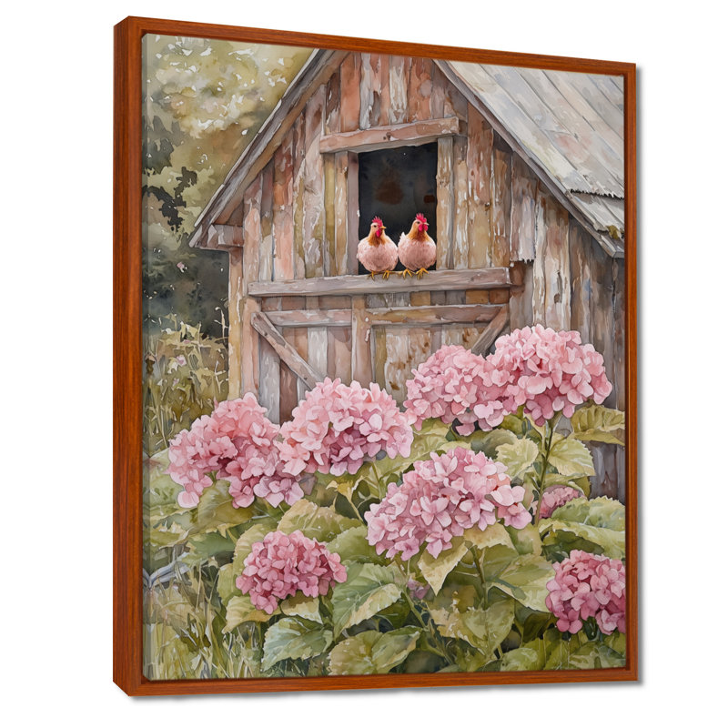 «Drayvon Hydrangeas And Chickens In The Yard I», reproduction sur toile encadrée, H 20 po x l 12 po, Brun
