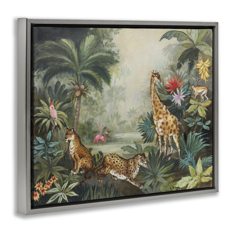 "Tropical Animals in Jungle", art mural encadré par Julia Purinton, Cadre flottant gris lustré, H 25 po x l 31 po