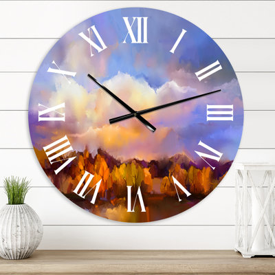 Jaune coucher de soleil sur la forêt d'automne au bord du lac - Horloge murale