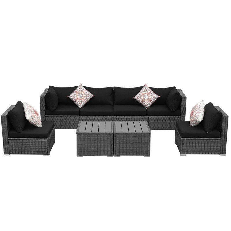 Ensemble de conversation modulaire en osier 8 pièces avec coussins et deux tables 8 pièces, Noir