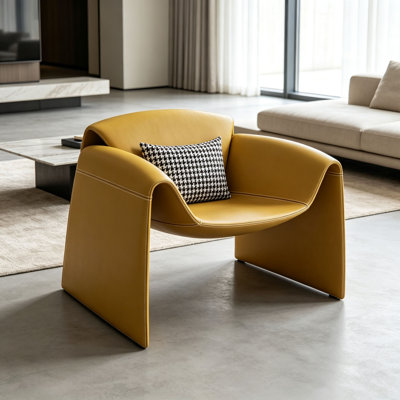 Modern Curved Lounge Chair with Pillow, PU Leather Accent Chair, Ergonomic High Back & Deep Seat for Living Room, Cloud-Like Comfort