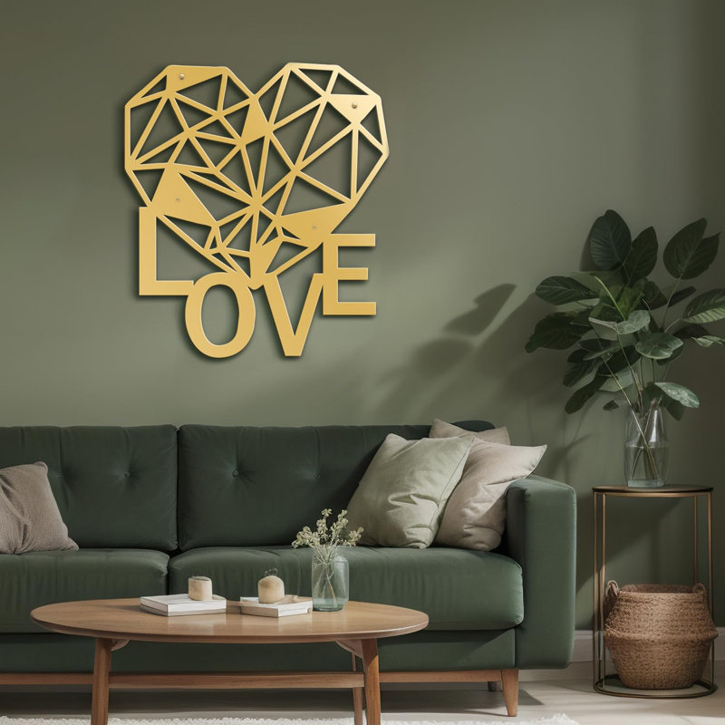 Décoration géométrique murale en forme de cœur géométrique moderne abstrait LOVE, H 24 po x l 21,62 po x P 0,05 po, Doré
