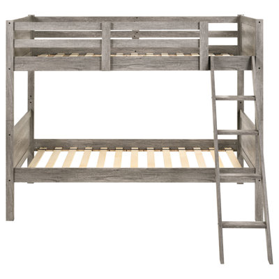 Twin Bunk Bed In Weathered Taupe, Convertible Design, , And Slatted Guardrails, Engineered Wood Bedroom Re - Configuring Taupe Over Bed, Solution For Compact Spaces