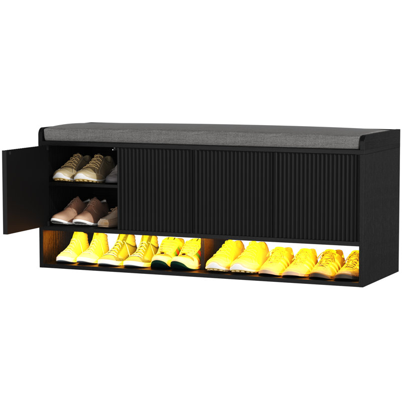 47.24''w Fluted Entryway Shoe Storage Bench With 4 Doors And Adjustable Shelf, Black