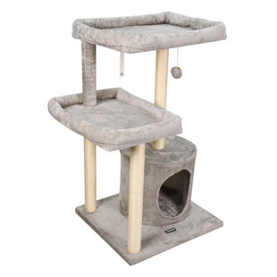 GOOPAWS 3-Tier Faux Fur Cat Tree & Condo with Hammock, Cream