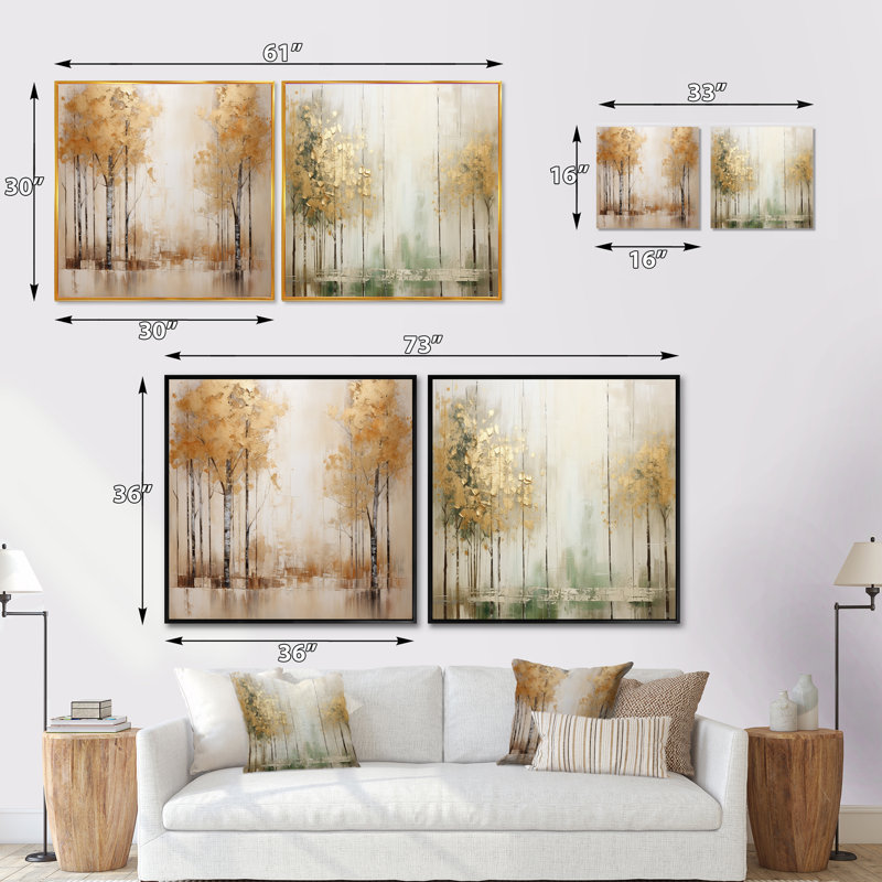 Minimalisme - Ensemble de 2 collages carrés forêt et or, Cadre flottant doré, H 30 po x l 61 po