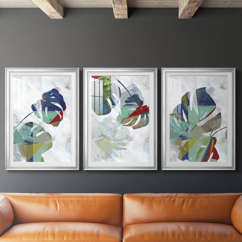 Monstera VI - Impression sur mesure encadrée de qualité supérieure - 3 pièces, H 19 po x l 27 po, Argent argent