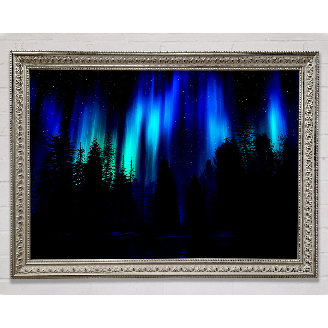 Blaue Nordlichter durch den Wald Gerahmter Druck Wandkunst