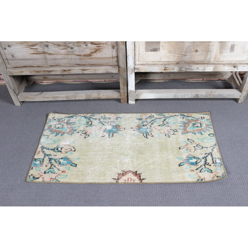 Small Handmade Vintage Turkish Wool Oushak Rug in Green for Interior Design and Dorm Door Mat Use