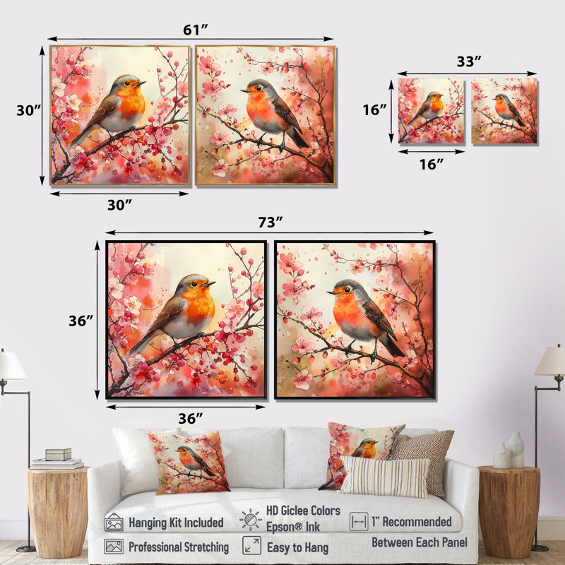 «Robin Bird In The Spring Blossoms I» - art mural oiseau - ensemble d'art mural moderne 2 pièces, H 16 po x l 33 po, Noir