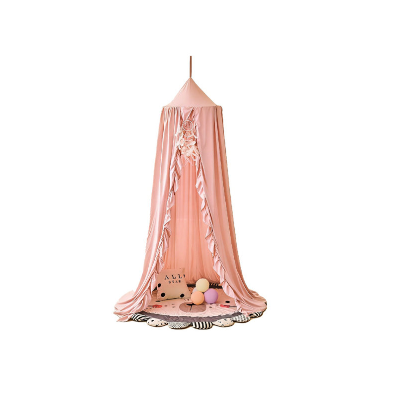 Bed Canopy for Girls with Ruffled,Princess Round Dome Children (Beige Pink)