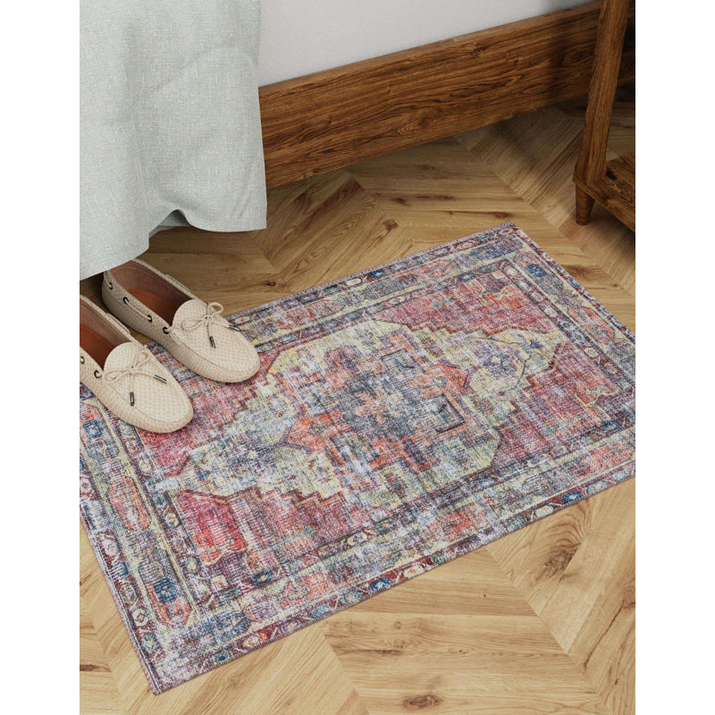 Heffron Performance Yellow/Pink Machine Washable Rug, Rectangle 2' x 3'1"