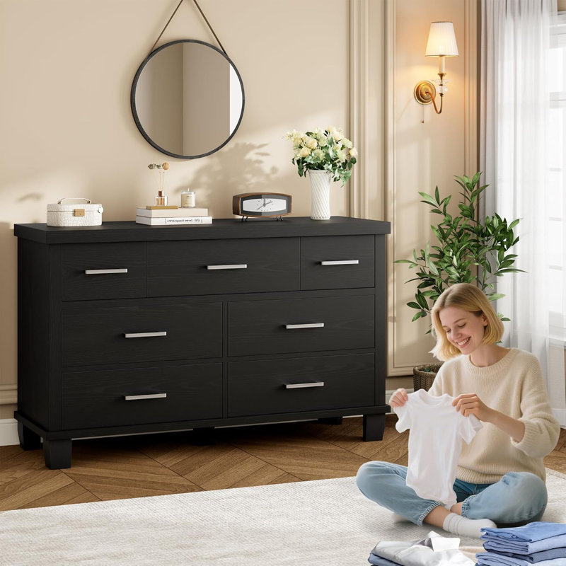 7 Drawer Wood Dresser with Metal Handles, Storage Chest for Bedroom & Nursery, Black