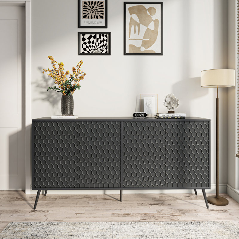 Armoire de rangement décorative 4 portes avec 5 pieds stables et 4 tablettes réglables, Noir