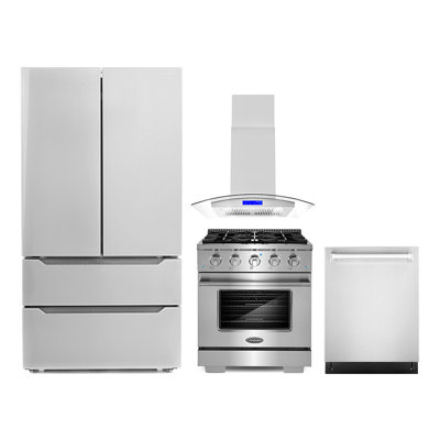 Cosmo 4 Piece Kitchen Appliance Package with French Door Refrigerator 30'' Gas Freestanding Built-In Island Range Hood