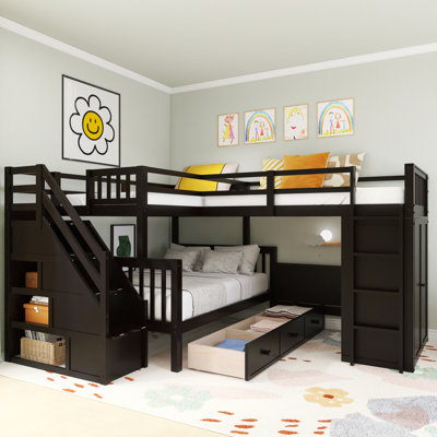 Imelida Solid Wood L-Shaped Bunk Beds with 3 Drawers and Wardrobe by Harriet Bee