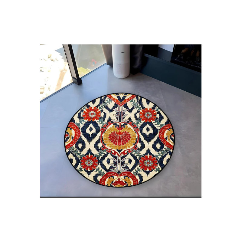 Multicolored Motif Traditional Patterned Round Woven Base Vintage Decorative Carpet, Round 2'8"