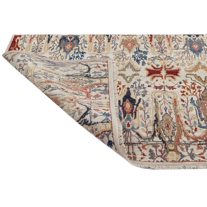 Wool Damask Area Rug in Ivory/Red/Blue/Brown, Rectangle 9' x 12'
