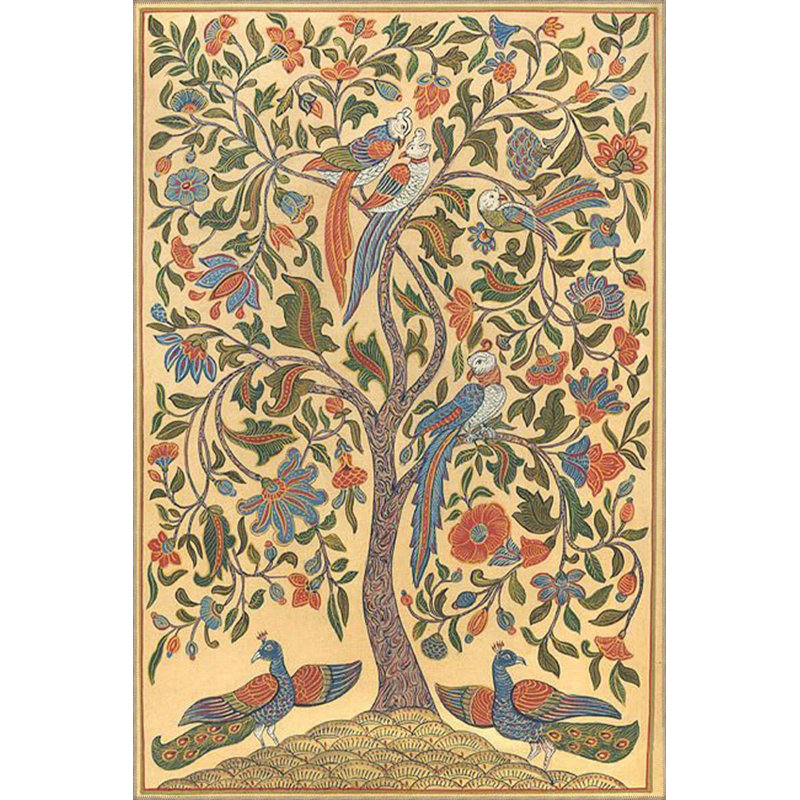 Tapis de sol tissé avec des motifs d'arbres et d'oiseaux, Rond 3 pi 4 po