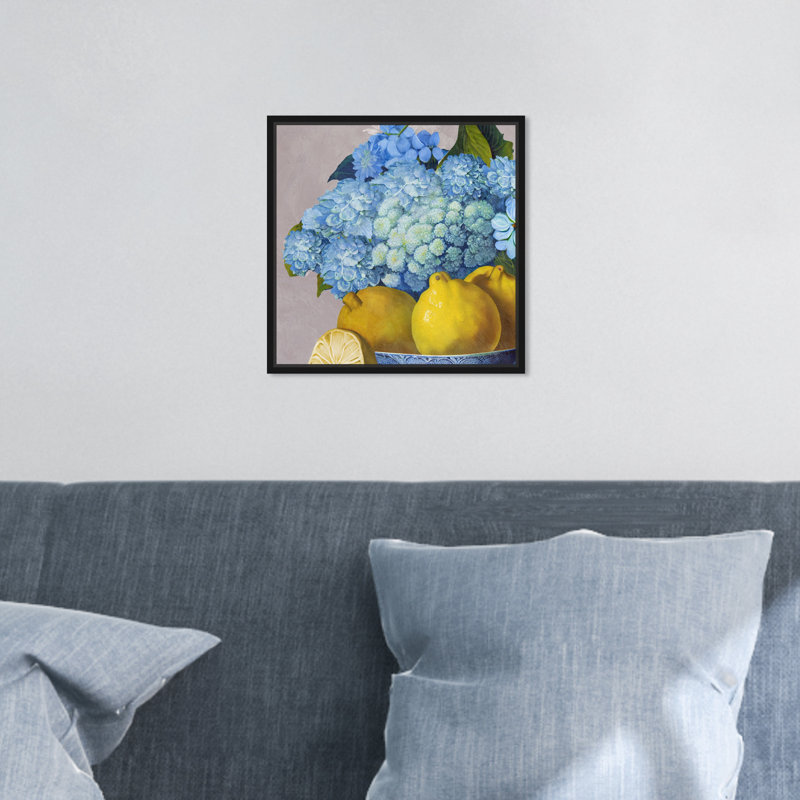 Hortensias et jour des citrons - Peinture, Cadre noir, H 13 po x l 13 po