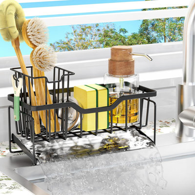 Kitchen Sink Caddy Organizer With Drain Tray, Rustproof Sponge And Brush Holder, Anti-Slip Sink Organizer For Instant Dry Storage And Countertop Protection