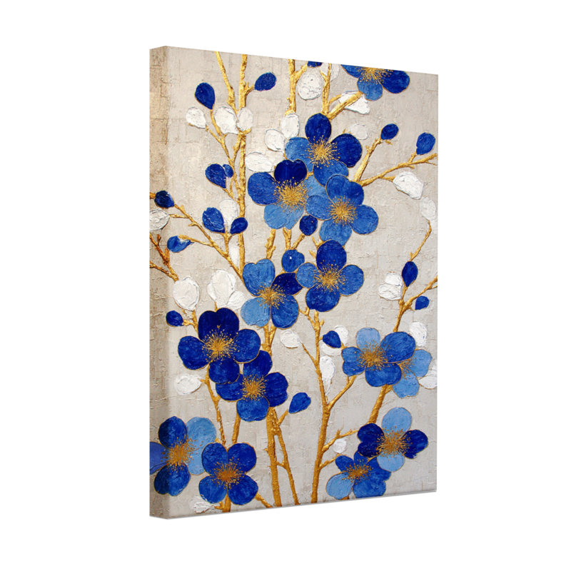 Plantes et fleurs Fleurs bleues avec branches dorées sur fond beige, H 18 po x l 12 po