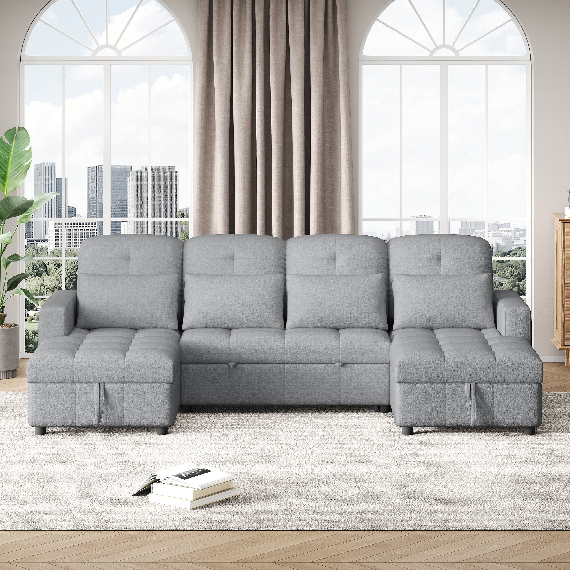 Hokku Designs " grey u-shaped sectional sofa with pull-out bed & dual ...