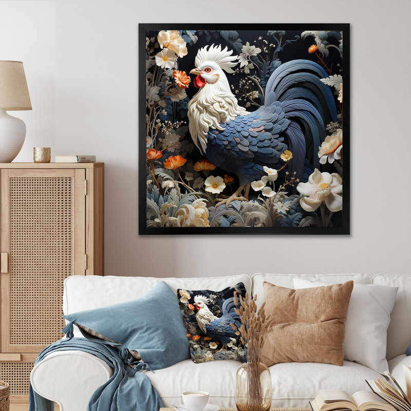 Coq dans un jardin de fleurs II, Cadre flottant doré, H 16 po x l 16 po x P 1 po