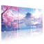 Paysage et nature, cerisiers en fleurs, temple, reflet, ciel, eau, nuages roses, ensemble de 3 impressions sur toile-1054238229