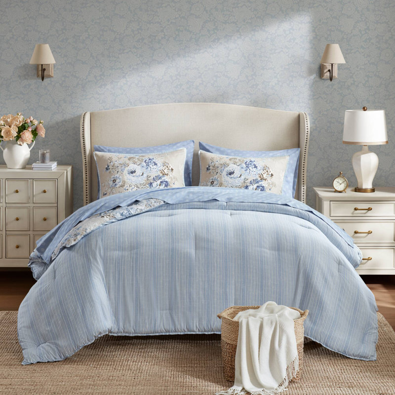 Édredon 7 pièces Heather, Beige/bleu, Grand édredon et 6 pièces supplémentaires