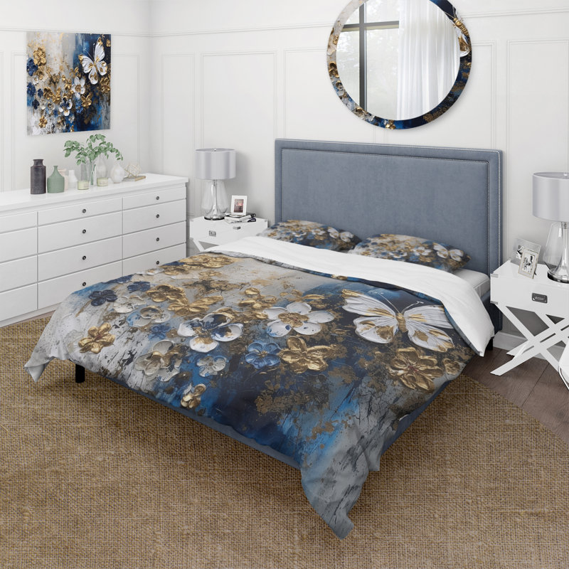 Ensemble de housse de couette Golden Blue Butterfly Wings And Flowers I BeddingMicrofiber / Polyester