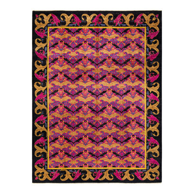 Tapis unique noué à la main rose / jaune / noir 9 pi 10 po x 13 pi 5 po