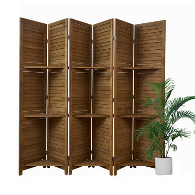 Room Divider With Shelves, 5.6ft Folding Wood Screen With Double Hinges