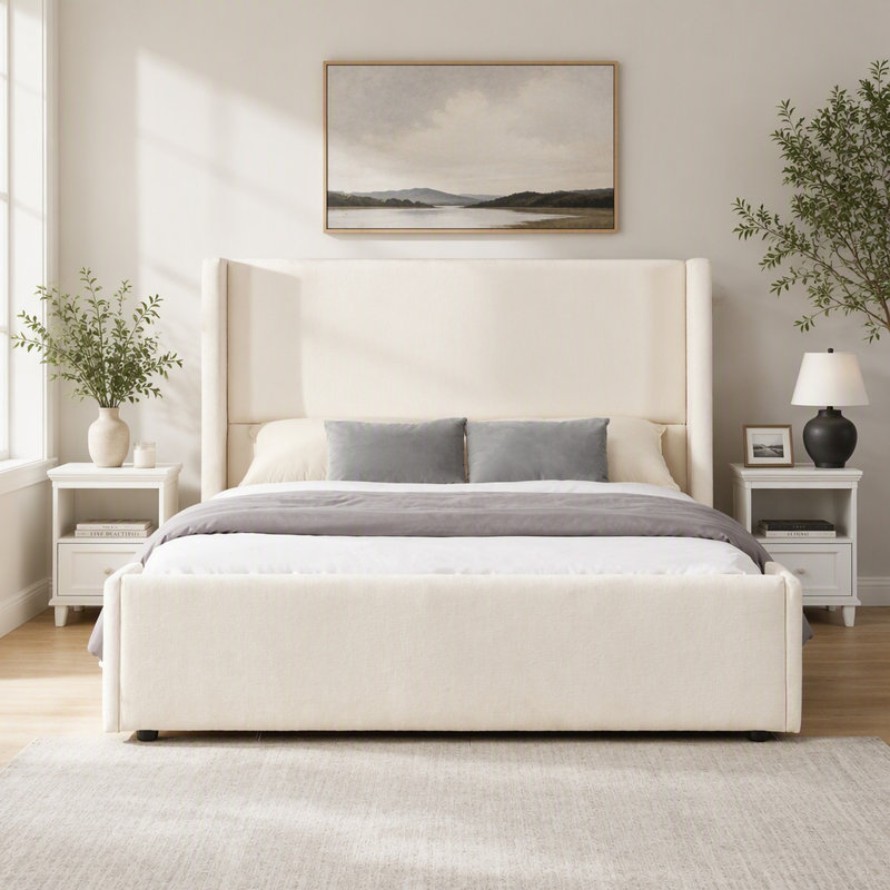Queen Fabric Upholstered Bed with Tall Headboard