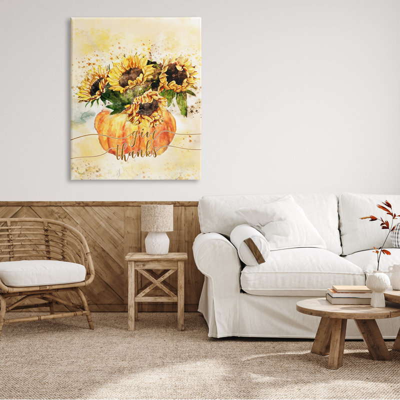 Donnez un mot grâce à l'éclat floral de tournesol orange de citrouille - Peinture, Plaque de bois, H 48 po x l 36 po