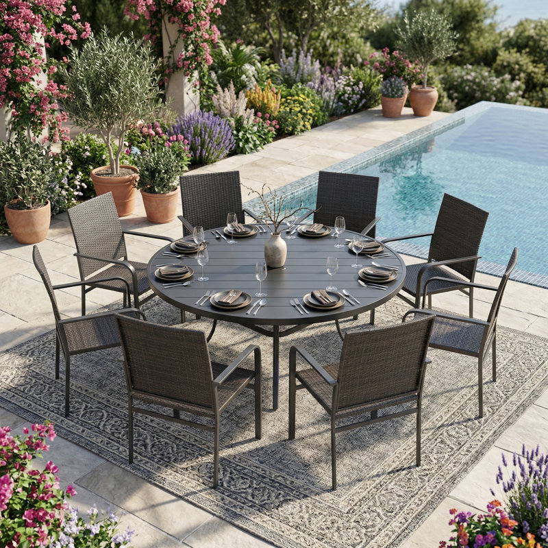 8-Person Round Patio Dining Set With Rattan Chairs, Black