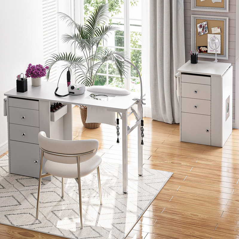 Foldable Manicure Table with Wrist Cushion and Dust Collector Portable Nail Desk Station for Home and Professional Use, White