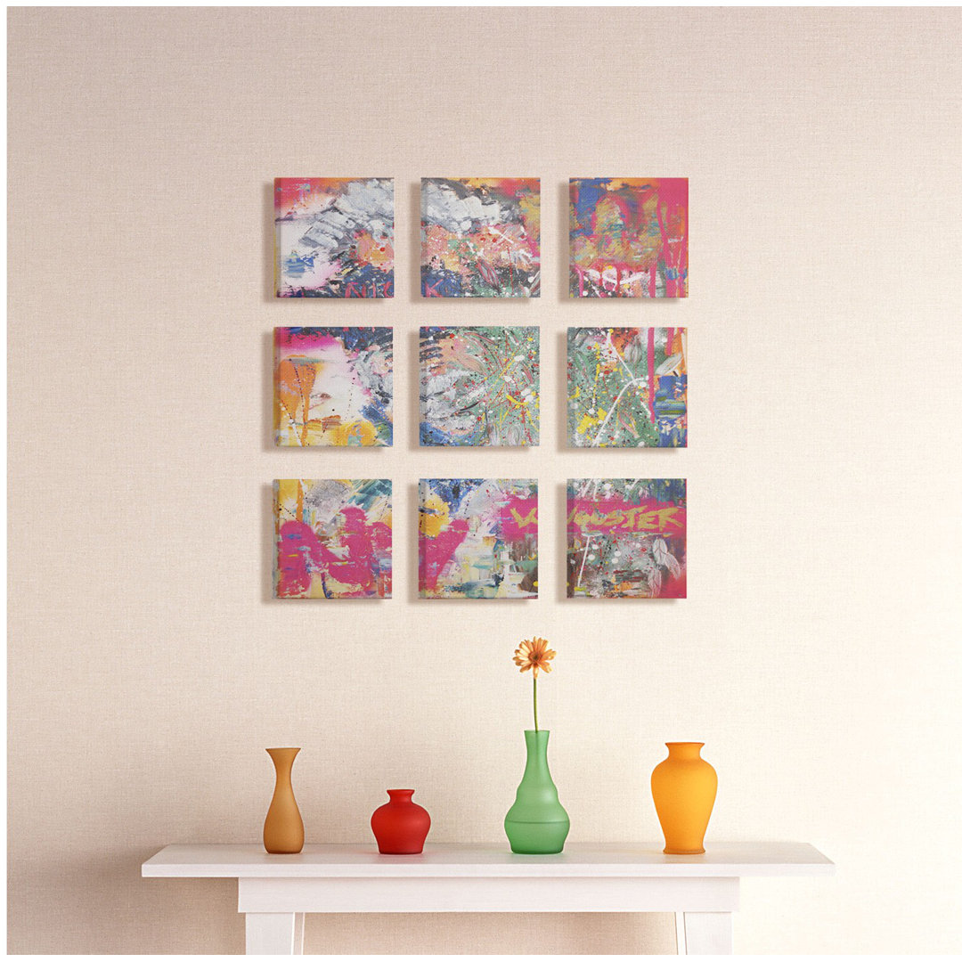 'Colorful Paint Splatter Art Graffiti' 9 Piece Graphic Art Print Set on Canvas Wrought Studio™