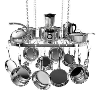 Hanging Pot Rack, Ceiling Mount Kitchen Organizer for Pots and Pans with 15 Hooks, Heavy-Duty, Durable and Space-Saving Pan Holder, (Silver)
