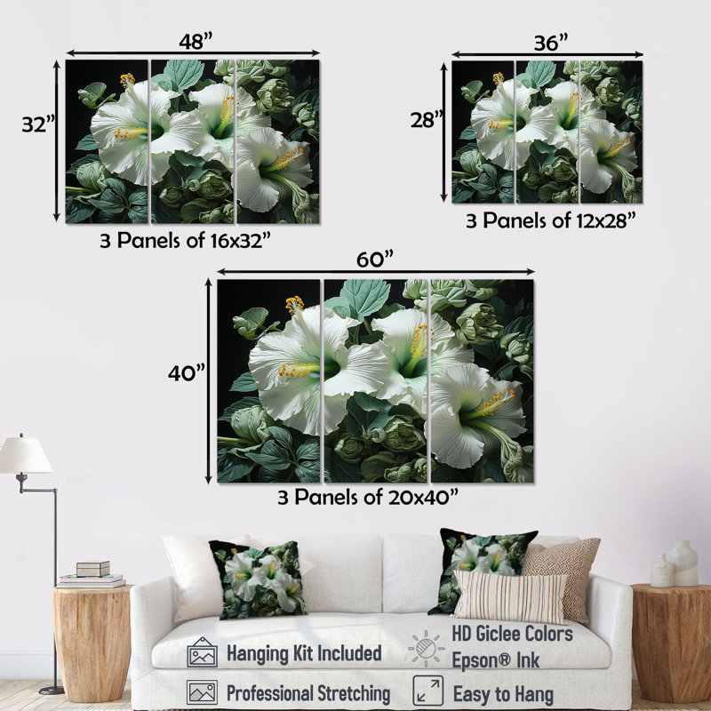 «Green Hibiscus Realistic Splendor», ensemble d'art sur toile Hibiscus, H 28 po x l 36 po x P 1 po