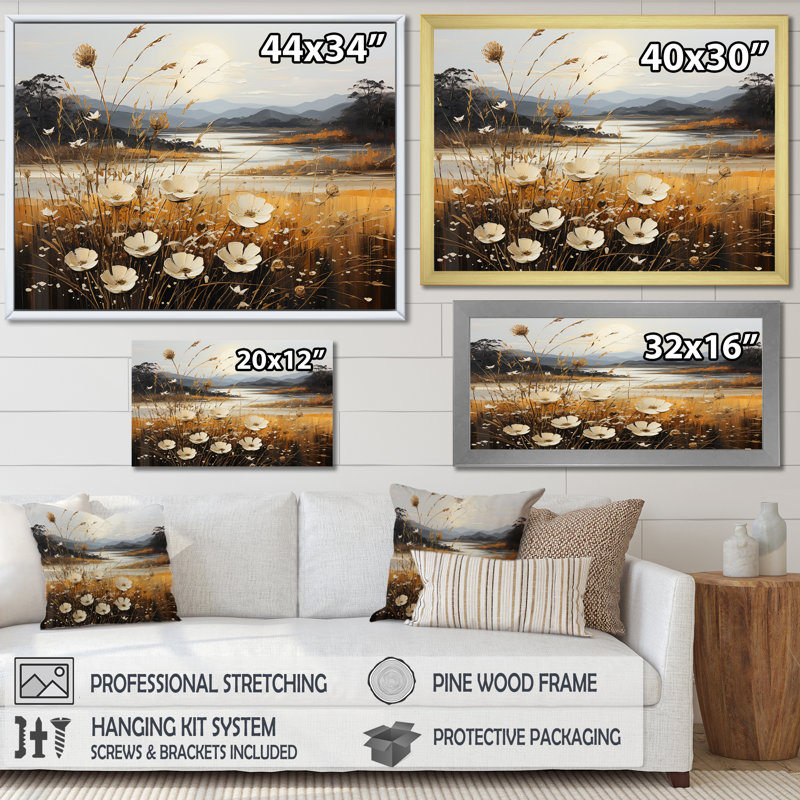 Golden Meadows of Flowers Fields sur impression sur toile, Cadre naturel flottant, H 24 po x l 32 po