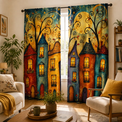 Ensemble de 2 rideaux artistiques et fantaisistes à motifs de maisons, style vintage, avec œillets pour tringle, idéal pour la décoration du salon, de la chambre et de la cuisine.