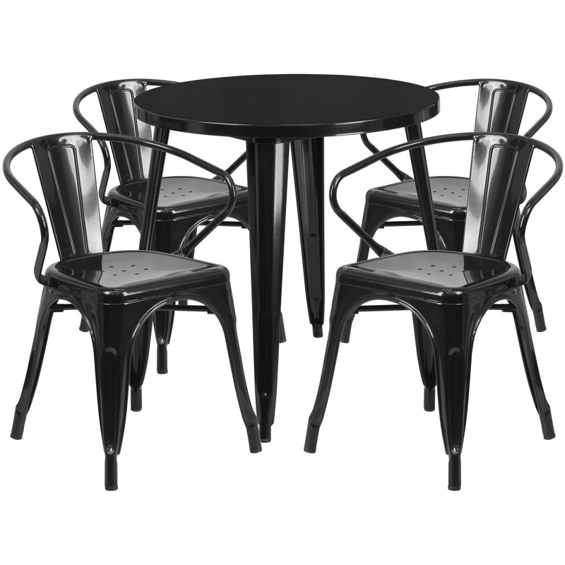 Cordele 24'' Round Metal Indoor-Outdoor Table Set with 4 Arm Chairs, Black, 29.50" H x 30" W x 30" L