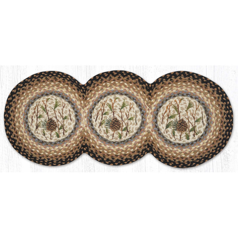 Earth Rugs Pinecone Printed Tri Circle Runner 36" H Natural Jute Braided Table Runner, Pinecone