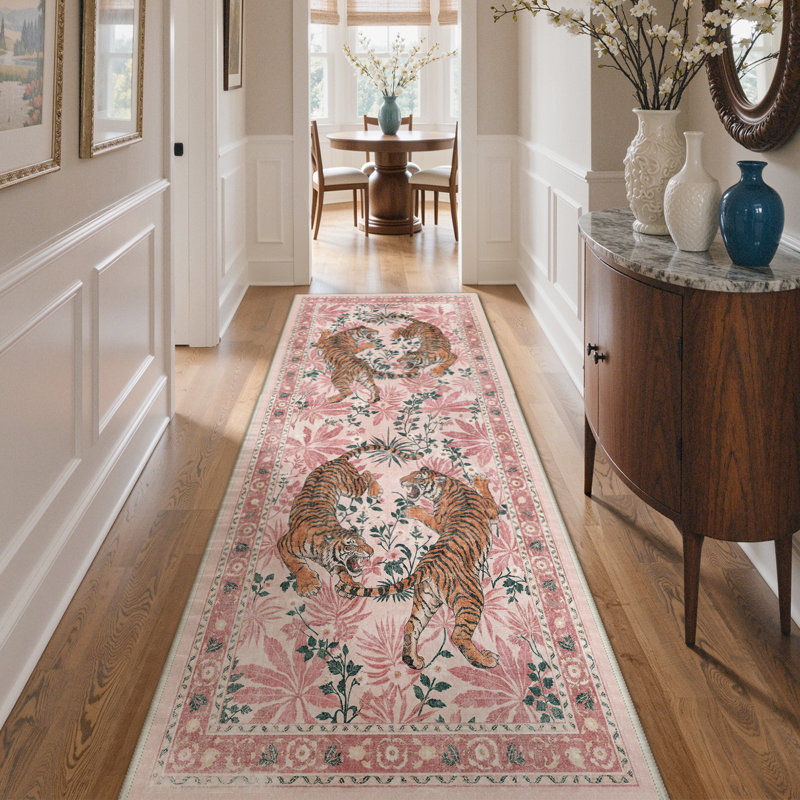 Gemini Oriental Machine Washable Red Indoor Area Rug with Non-Slip Backing, Runner 2'6" x 8', Pink
