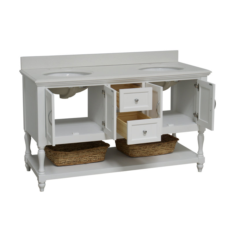 Hampton 60'' Double Bathroom Vanity with Top, White, Quartz