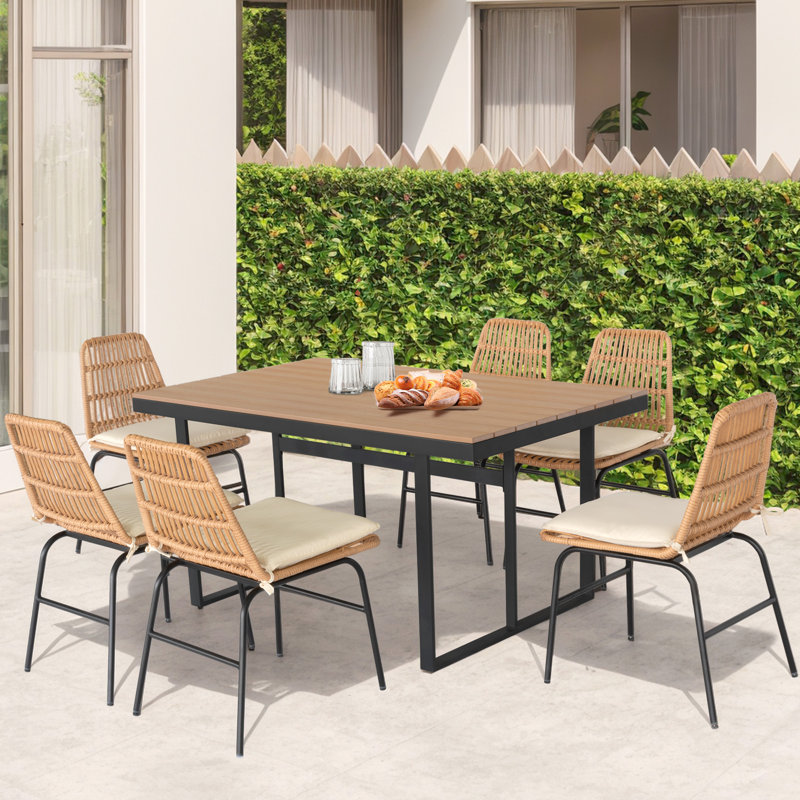 Kuwan 6-Person Rectangular Outdoor Dining Set with Cushions, Beige