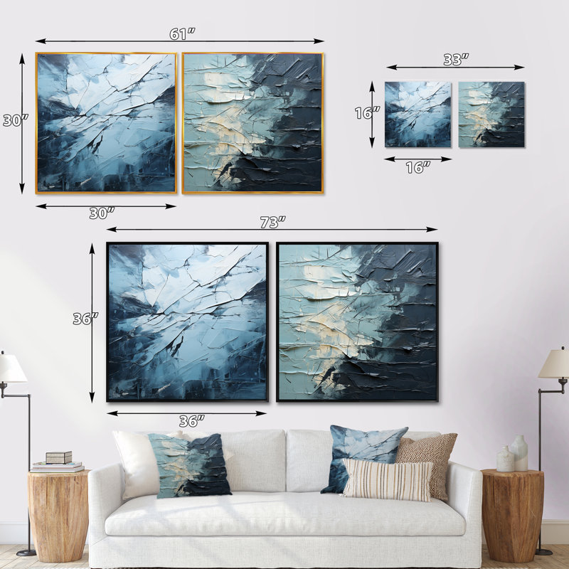 Minimalisme glacier - ensemble de 2 collages carrés fractals, Cadre flottant noir, H 16 po x l 33 po