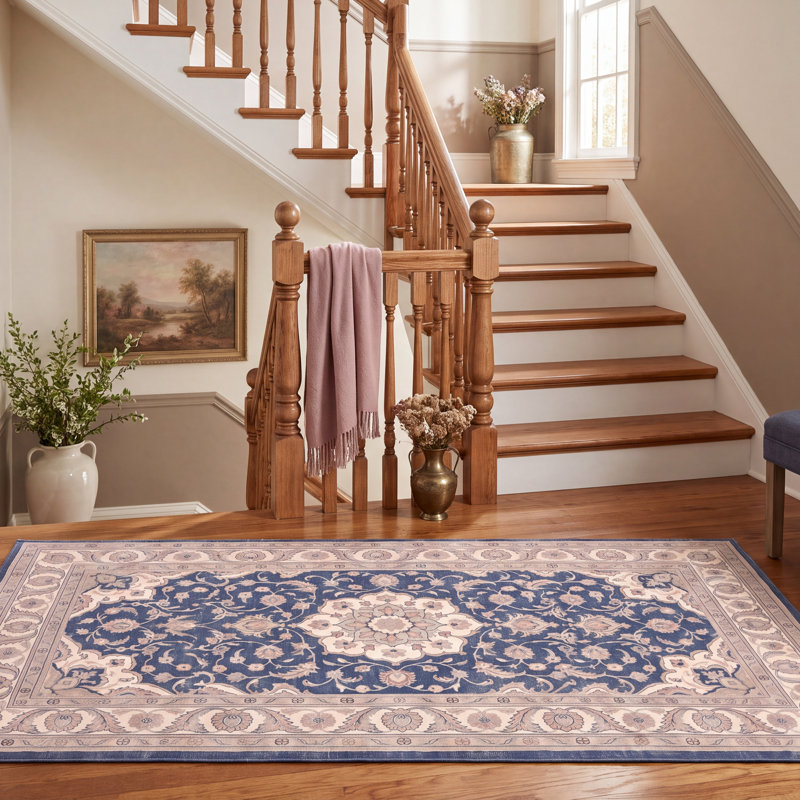 Tapis persan traditionnel audacieux en grès, couleur marine, ivoire, or, vert et rose, lavable à la machine, antidérapant, à poils courts, adapté à l'intérieur et à l'extérieur, idéal pour le salon, la chambre, la salle à manger, l'entrée, le couloir ou le bureau.
