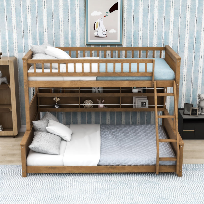 Lit superposé convertible en bois avec tablettes de rangement, Simple TG sur grand, Brun